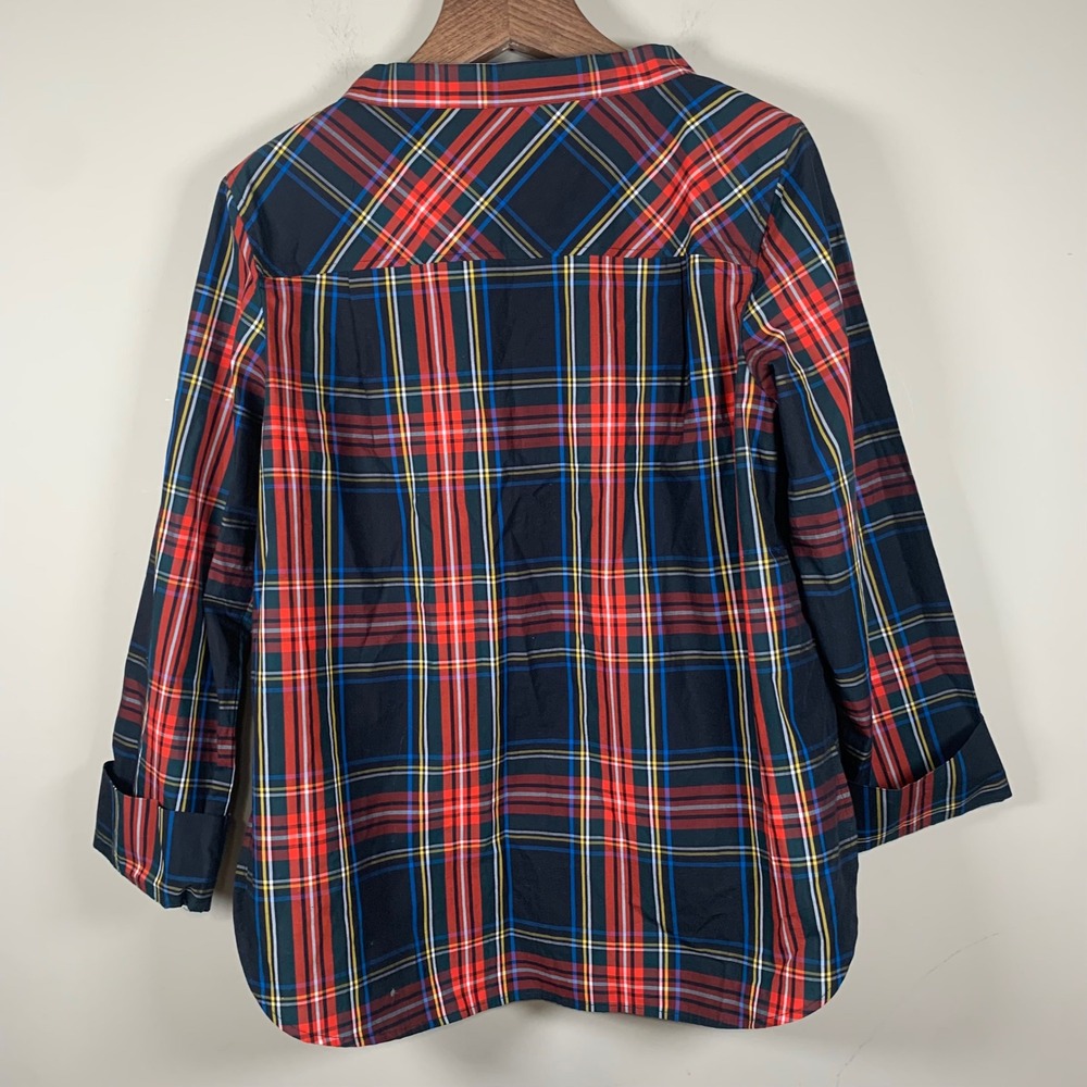 J.Crew Funnel Neck Stewart Tartan Plaid Jeweled Shoulder Blouse Size 12 - Picture 2 of 9